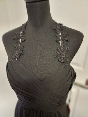 JJs House Black Formal Sheer Evening Gown with Floral Lace Straps, size 12